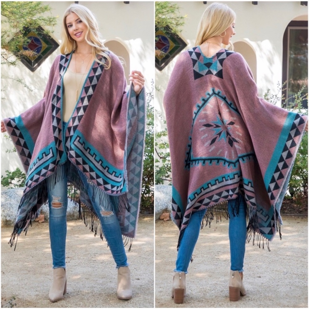 1 LEFT! Mauve Western Aztec Border Print Gorgeous Drape Over Fall Kimono - Picture 4 of 4